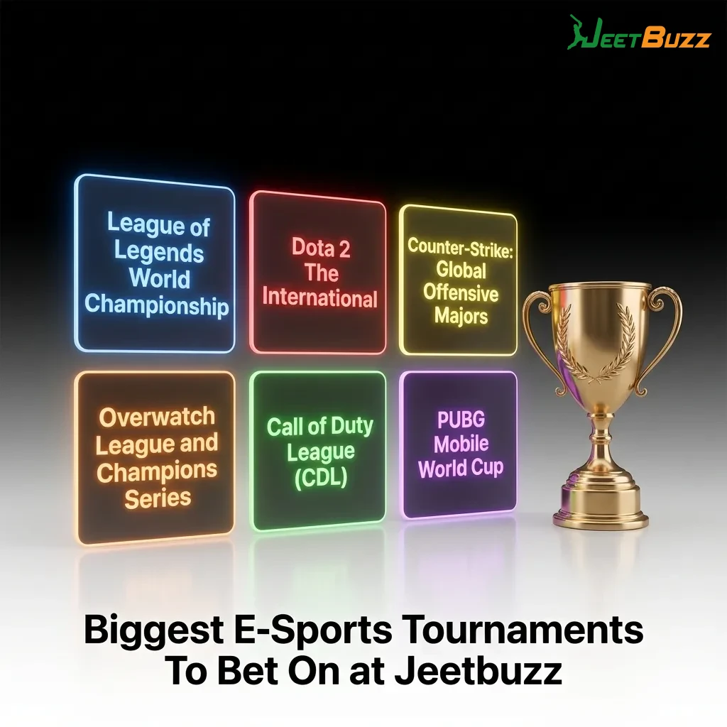 Table showing major e-sports tournaments for games like Dota 2, CS2, League of Legends, Valorant, and Mobile Legends — Jeetbuzz in Bangladesh