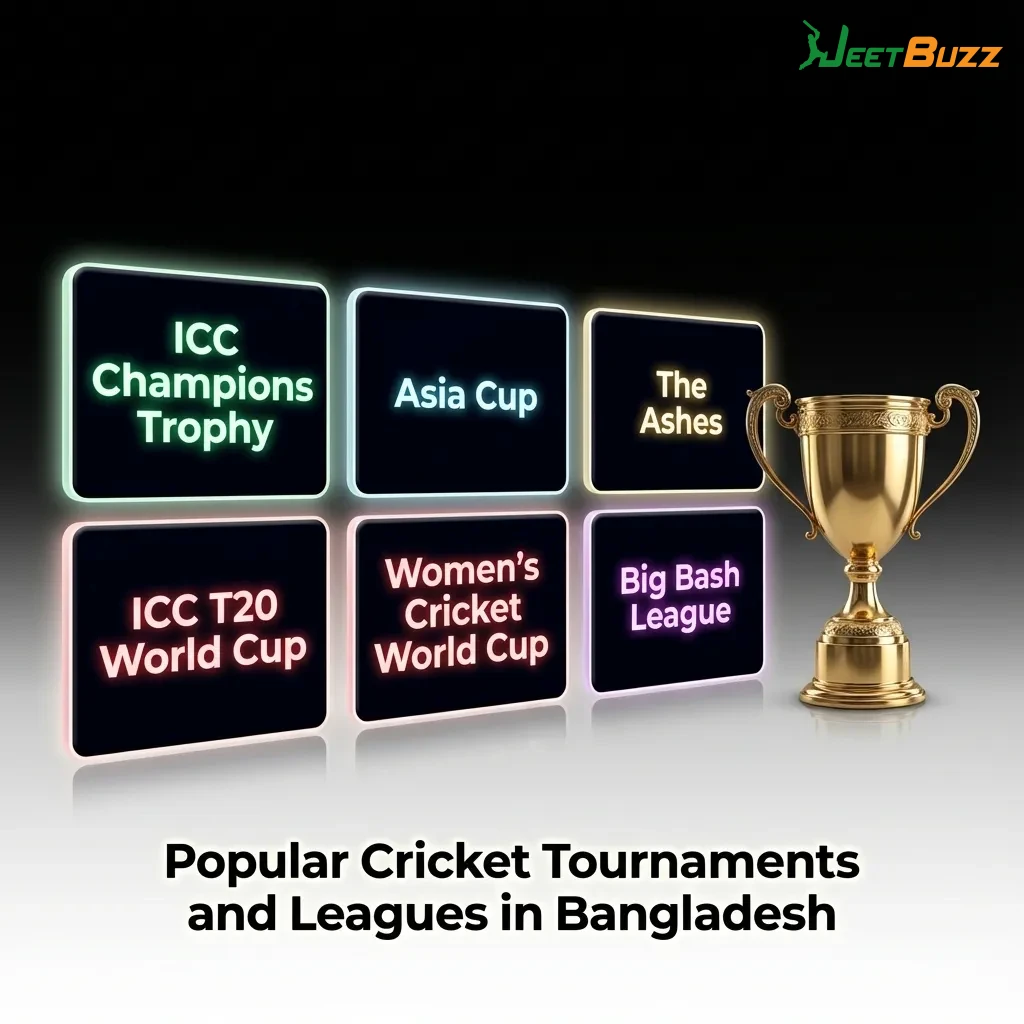 Cricket tournaments including ICC World Cup, T20 World Cup, IPL, The Ashes, and Bangladesh Premier League betting markets — Jeetbuzz in Bangladesh