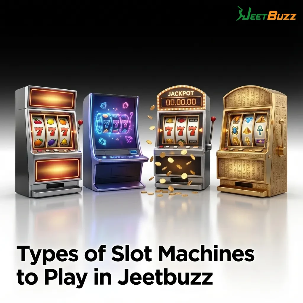 Collage of various slot machine types available on Jeetbuzz Bangladesh including classic reels, video slots, and jackpot games